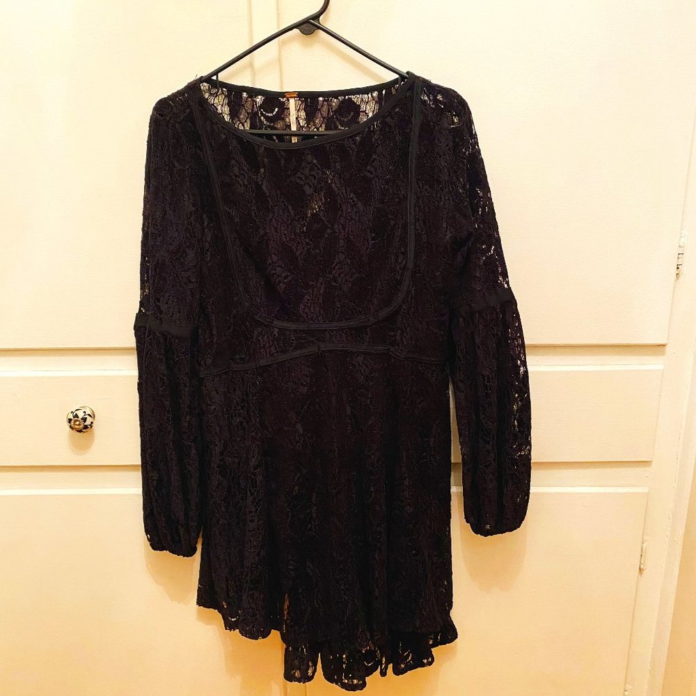 Free People Black Lace Mini Dress With Slip XS